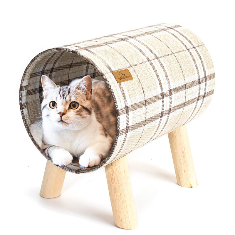 Modern elevated striped cat tunnel with cushion bed