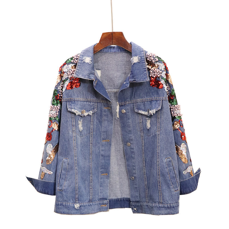Loose Heavy Industry Embroidered Beaded Sequins Slimming Denim