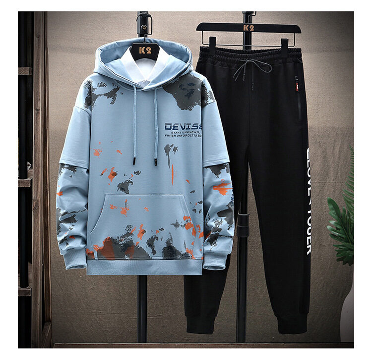 Printed Kangaroo Pocket Casual Sports Hooded Sweater Suit