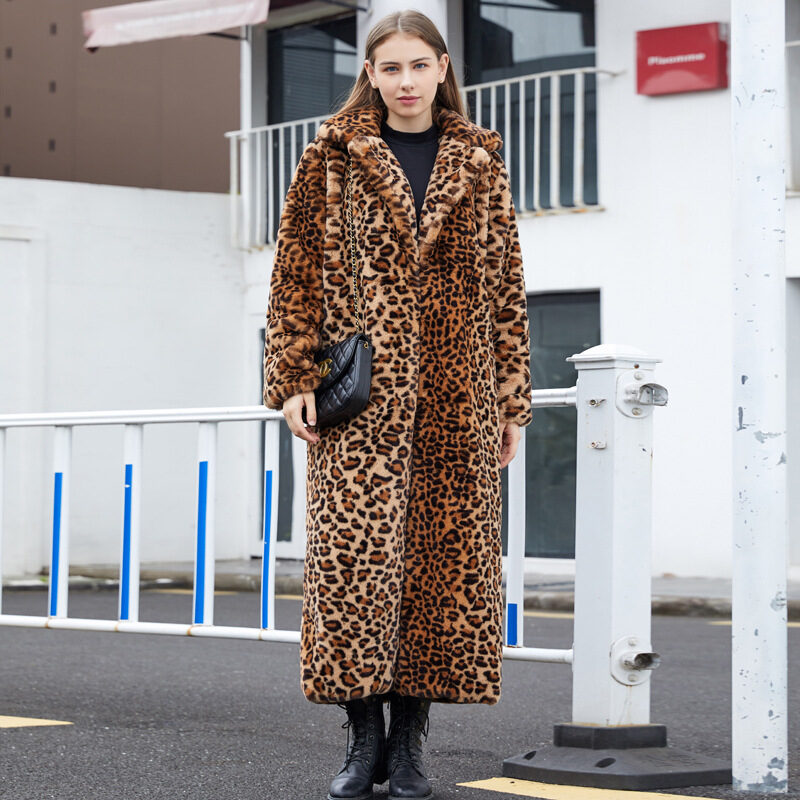 Faux Fur Leopard Print Rabbit Super Long Suit