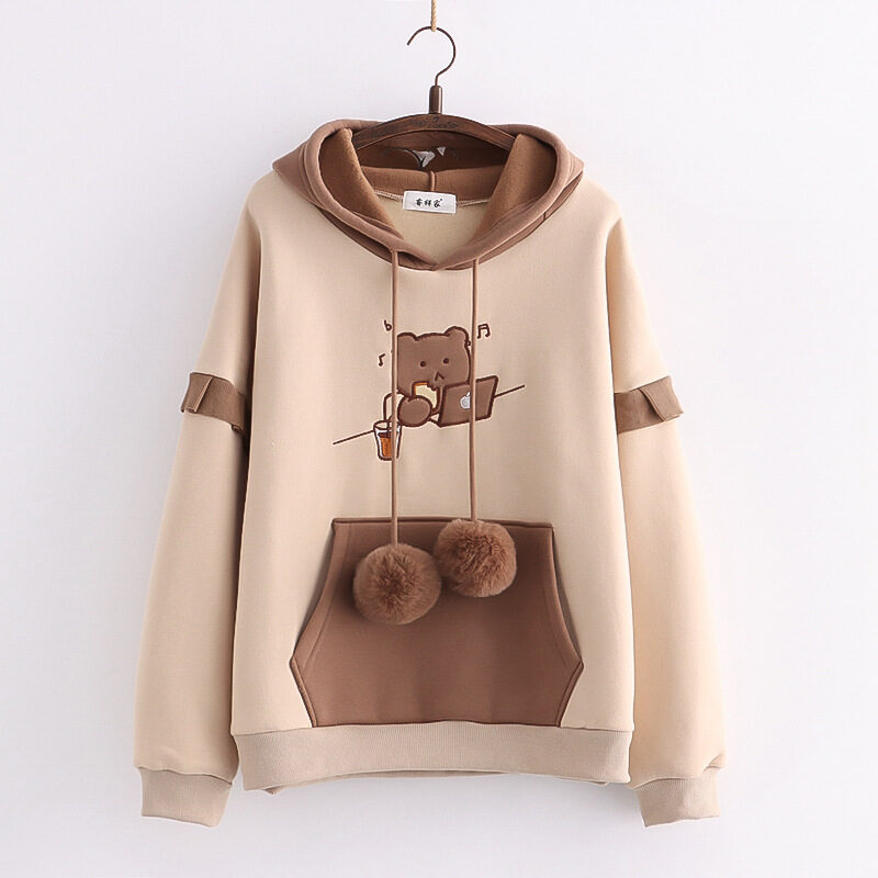 Hooded Bear Embroidery Plus Velvet Sweater Loose