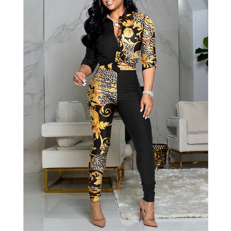 Women's Color Matching Printed Long-sleeved Lapel Shirt