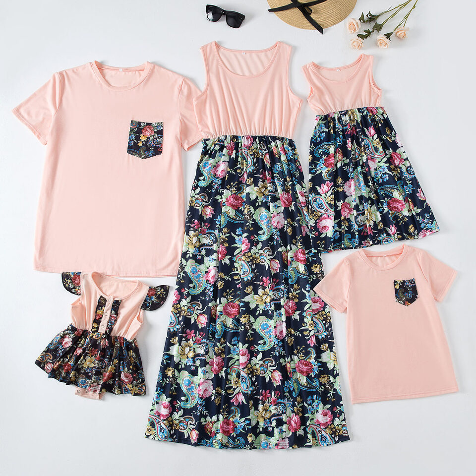 Fashion Waist Stitching Print Long Dress Parent-child Outfit