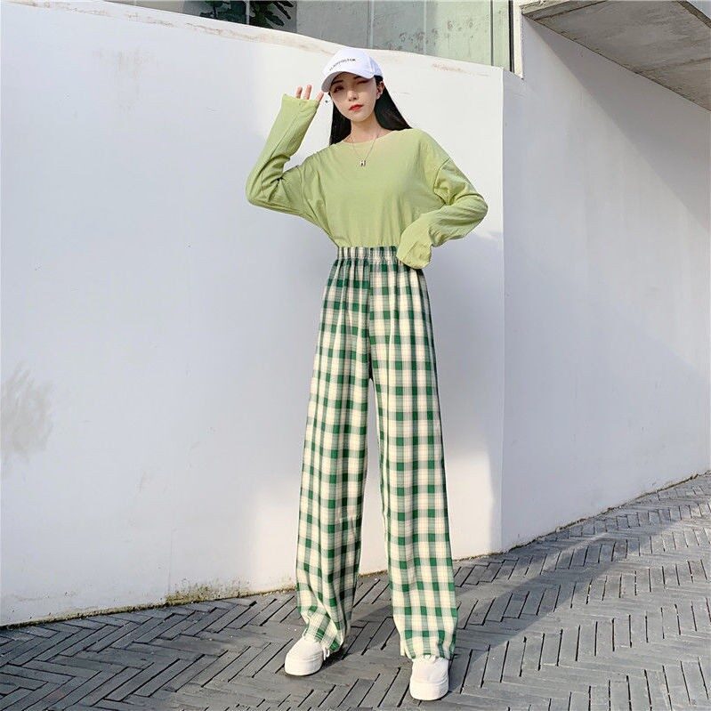 Plaid Wide Leg Pants Women Casual