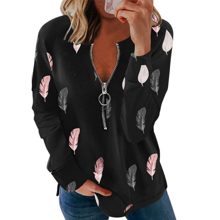 Women's V-neck Zipper Feather Print Long Sleeve Loose