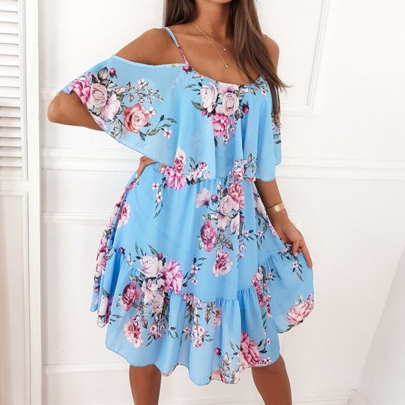 Flower Printed Ruffled Suspender Dress Summer Off-the-shoulder Strap