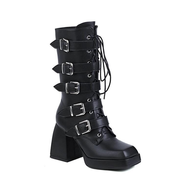 Fashion Ladies Square Toe But Knee Ankle Boots