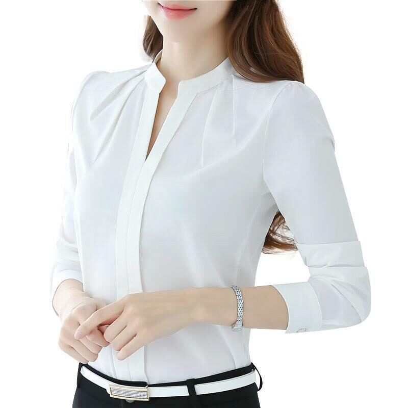 V-neck Long-sleeved Elegant Ladies Office Chiffon Shirt