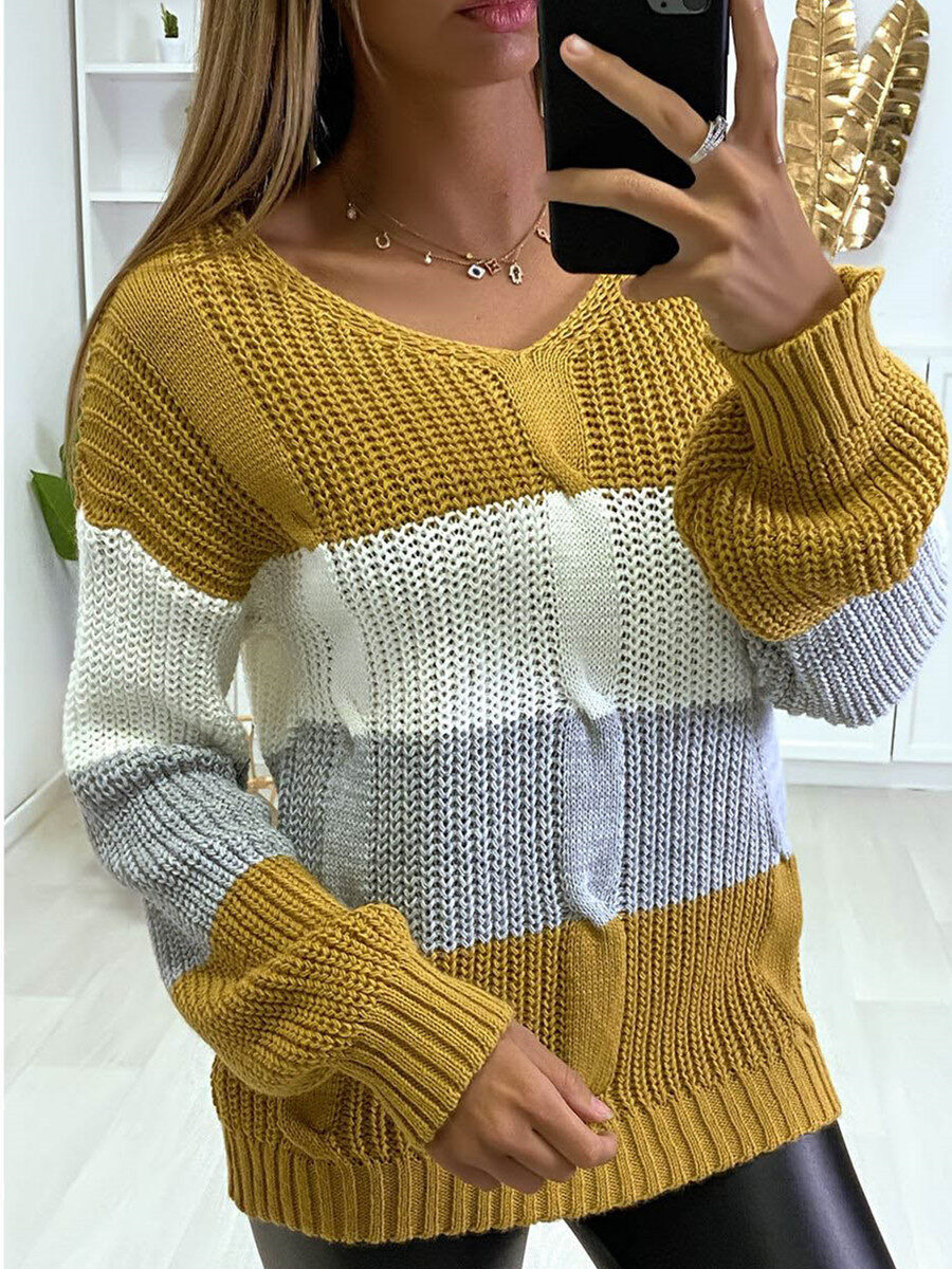 New Knitted V Neck Color Matching Long Sleeved