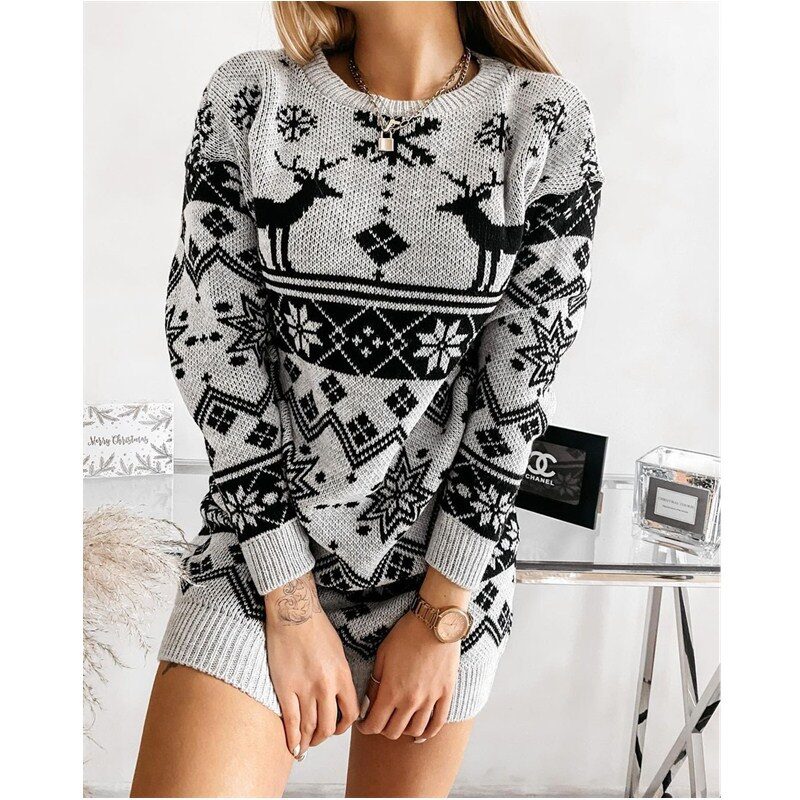 Elk Snowflake Christmas Jacquard Knitted Dress Long Sweaters