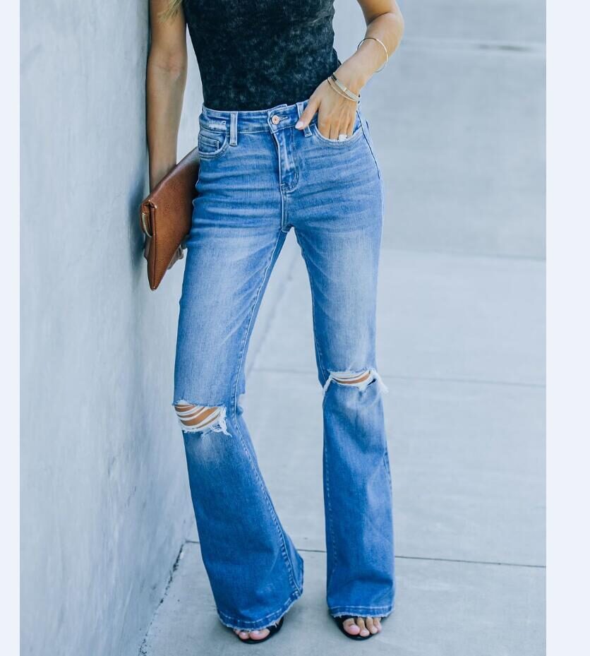 New Women's Denim Trousers With Ripped Holes