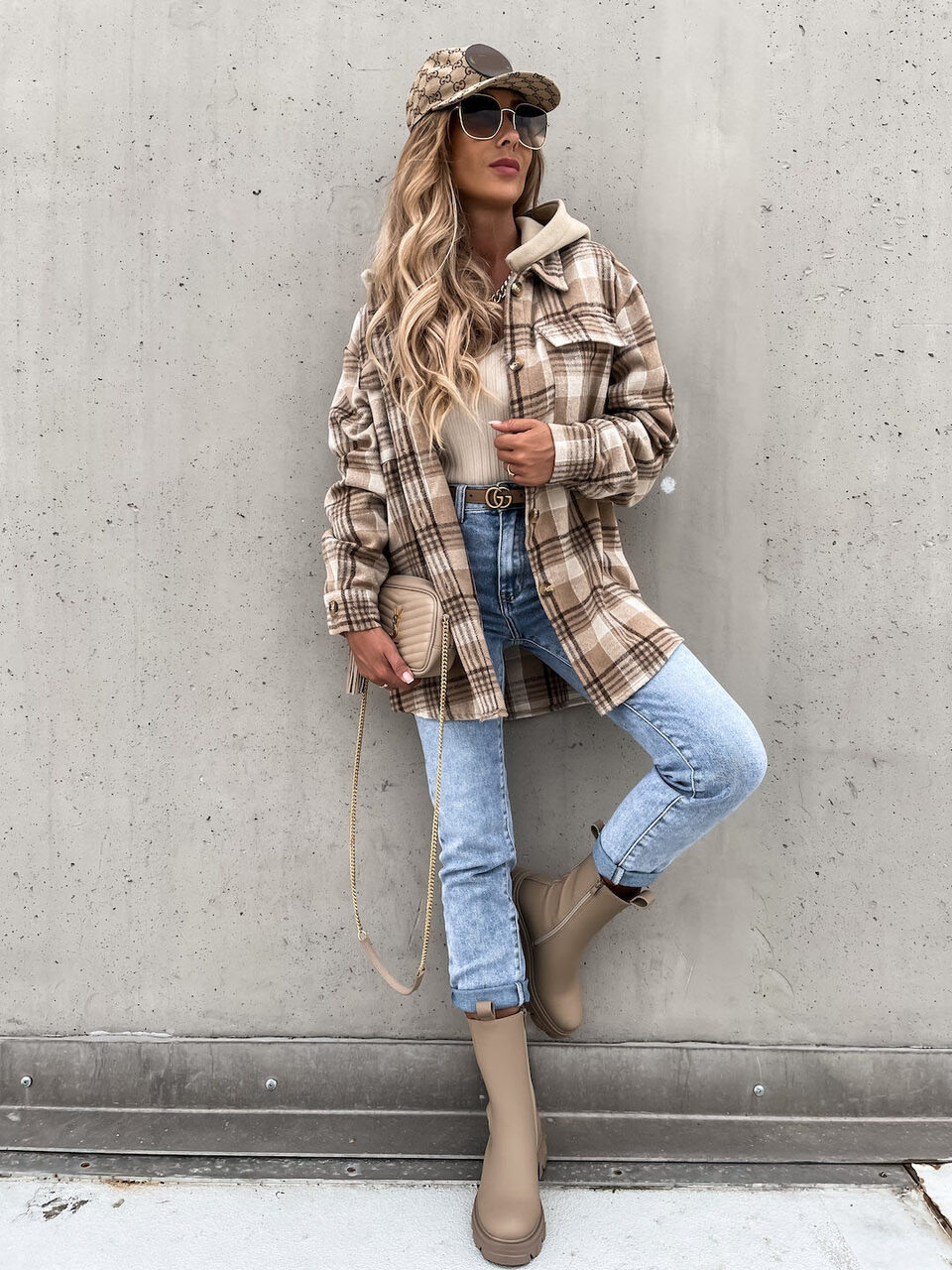 Ins Women's Woolen Jacket Winter Fashion Plaid Hooded