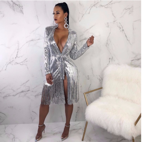 Deep V-neck Shiny Lace-up Long-sleeved Sexy Split Fringe