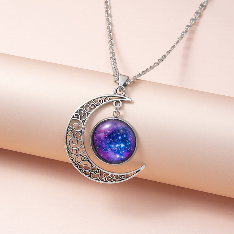 Galaxy Planet Star Glass Necklace Silver Hollow Moon