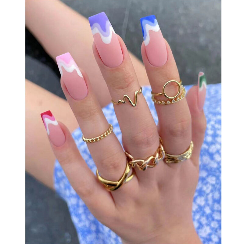 Fake Nails Multicolored Wave Pattern Extra Long Ballerina