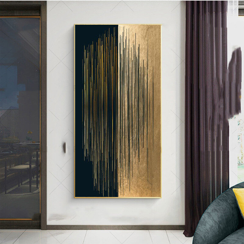 Modern Minimalist Abstract Black Gold Lines Canvas Painting