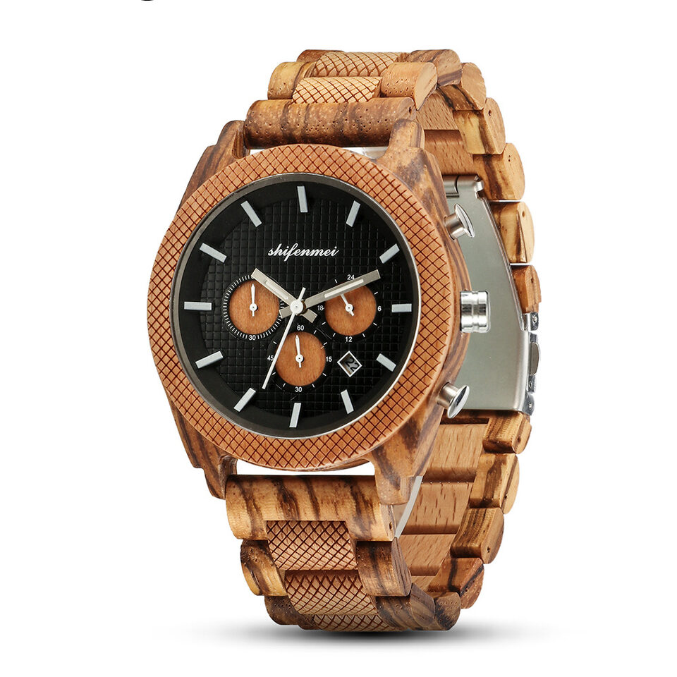 Mens Six Hand Chronograph Calendar Sports Wood Casual