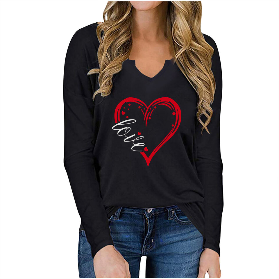 Vneck Valentines Day Printed Tshirt Longsleeved Loose Top