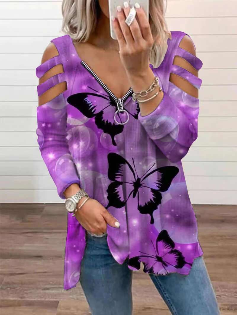 Zip Pullover Printed Long Sleeve Loose TShirt Womens