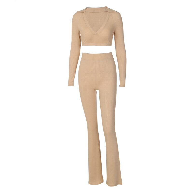 Solid Color V-Neck Long-Sleeve Top Micro-Flare Pants Two-Piece