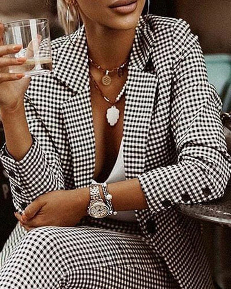 New Fashion Women's Plaid Slim Fit Lapel Suit