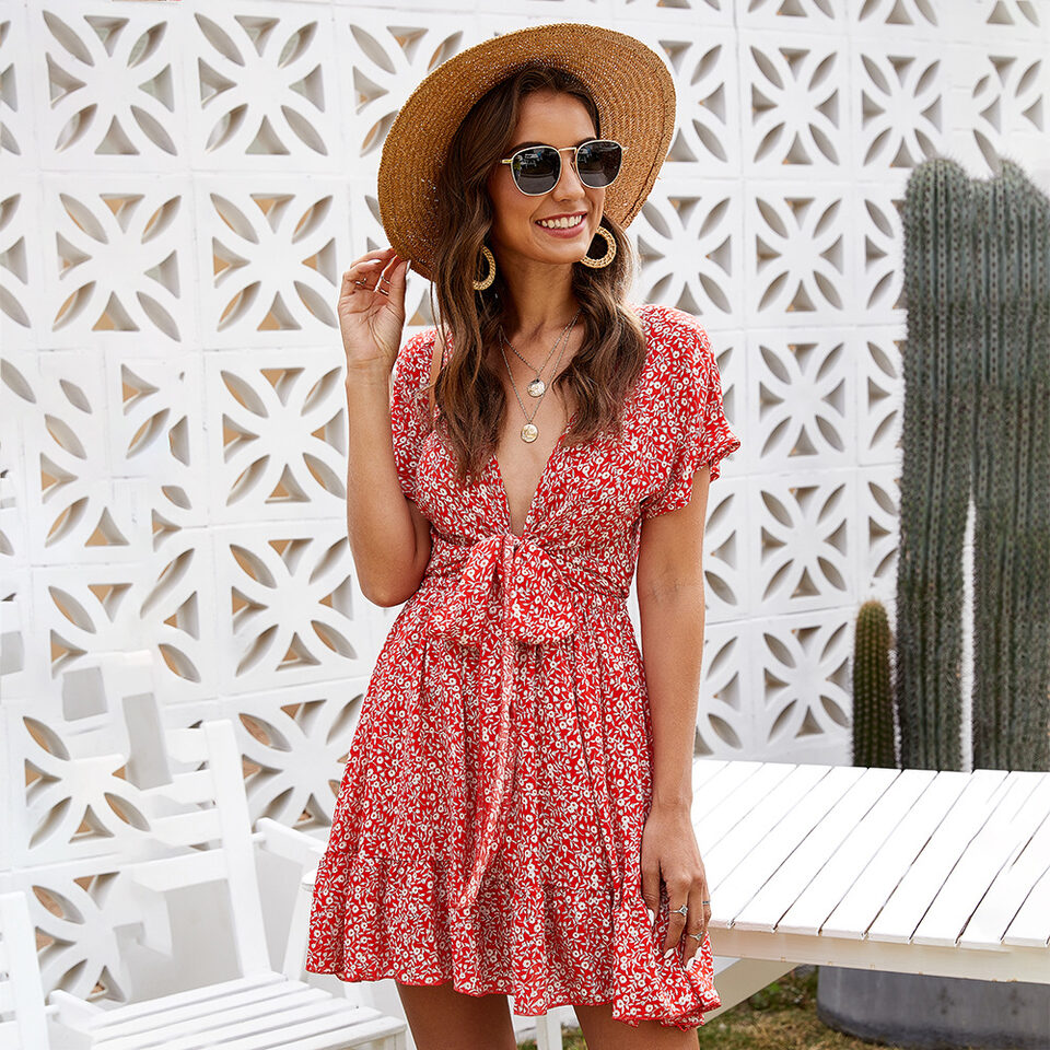 Deep V Ruffled Floral Spring Dress Women's European