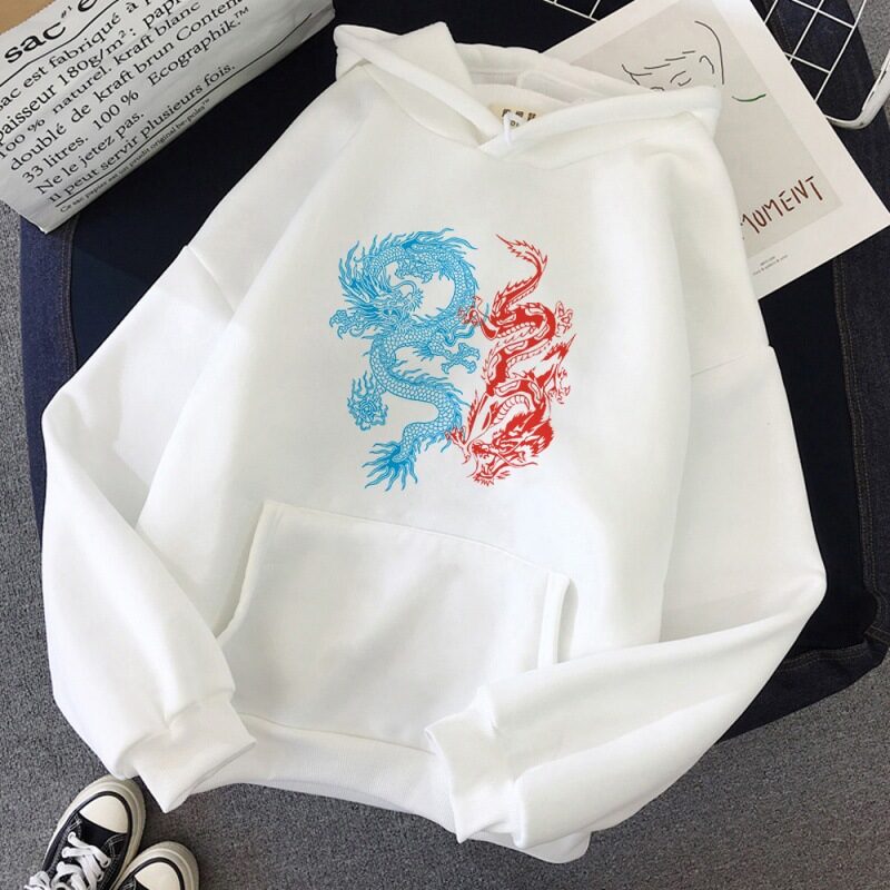 Hoodies Harajuku Vintage Dragon Pattern Printed Male Street