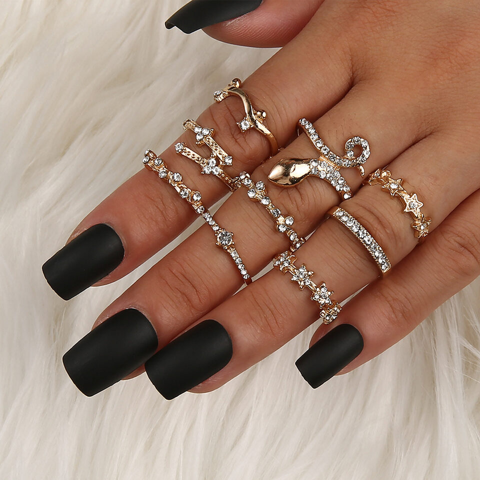 Leaf Crown Geometric Articulation Rings 6 Piece Combination