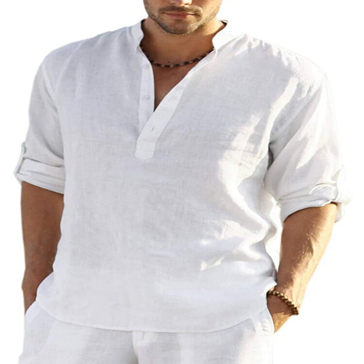 Men's Casual Cotton Linen Solid Color Long Sleeve