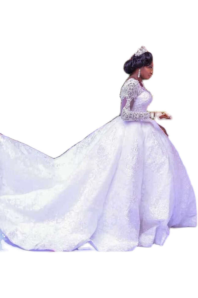 Lace African Wedding Dress Long Sleeves Round Neck