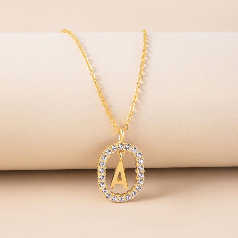 Crystal Letter Necklace Gold Name Initial Alphabet Oval