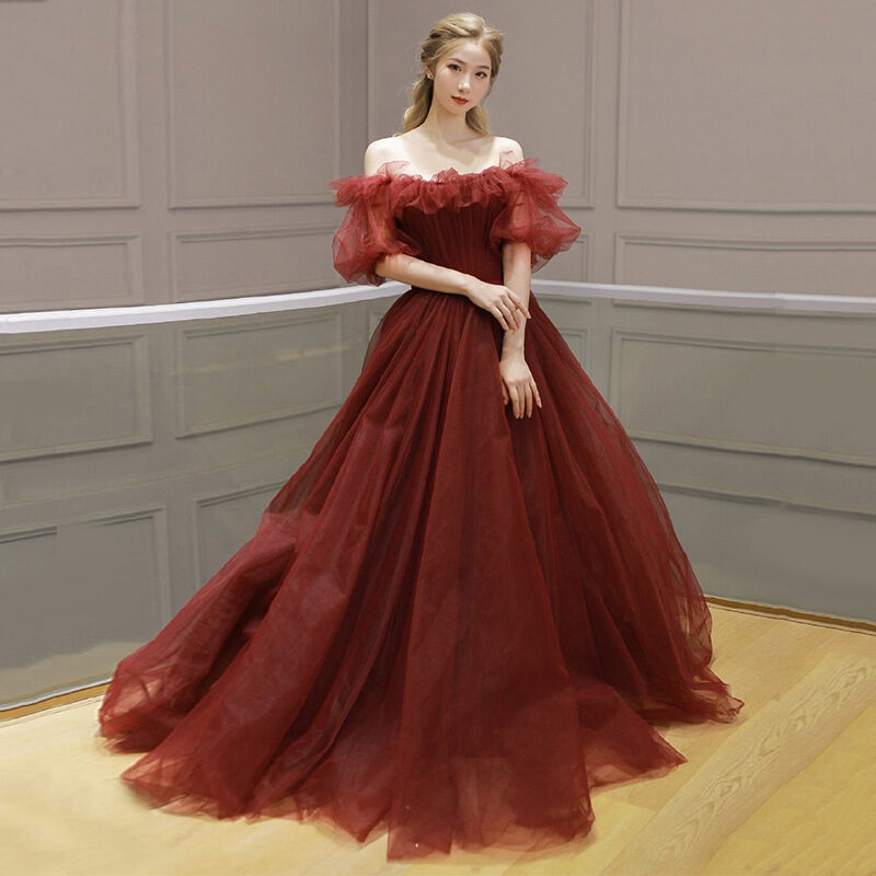 Red Tulle Off Shoulder Full Length Princess Ball