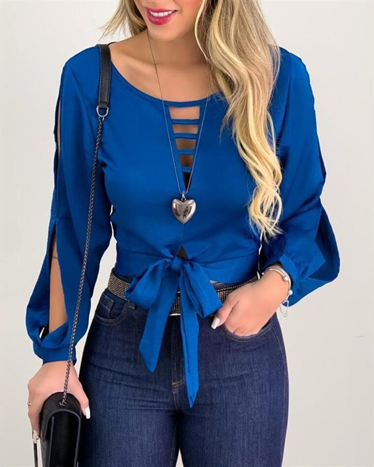 Tie Front Cut Out Tops Women Lace-Up Top