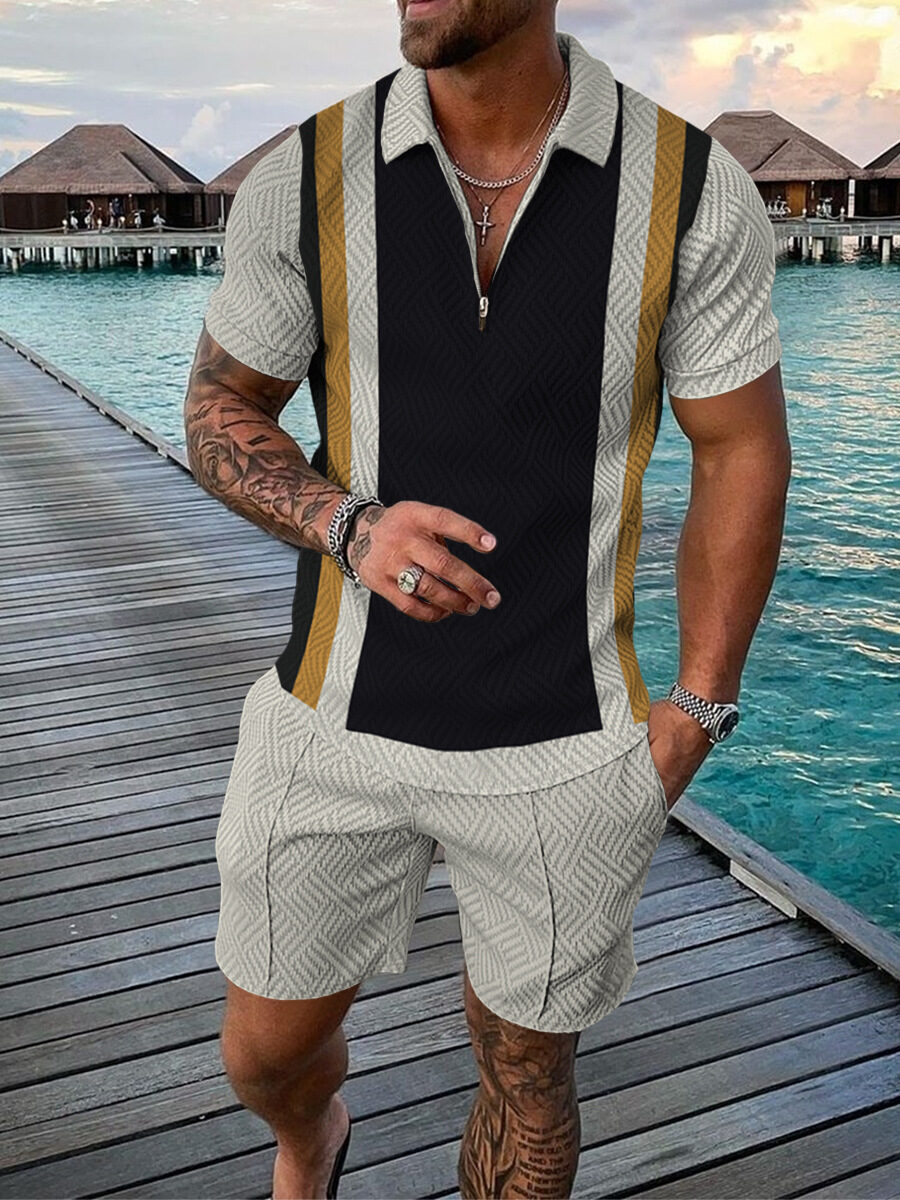 Men's Casual Color Contrast POLO Zip Lapel Shirt