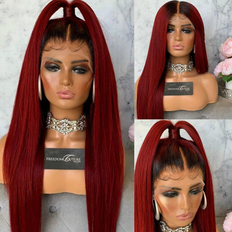 Burgundy Trellis With Long Straight Hair Chemical Fiber