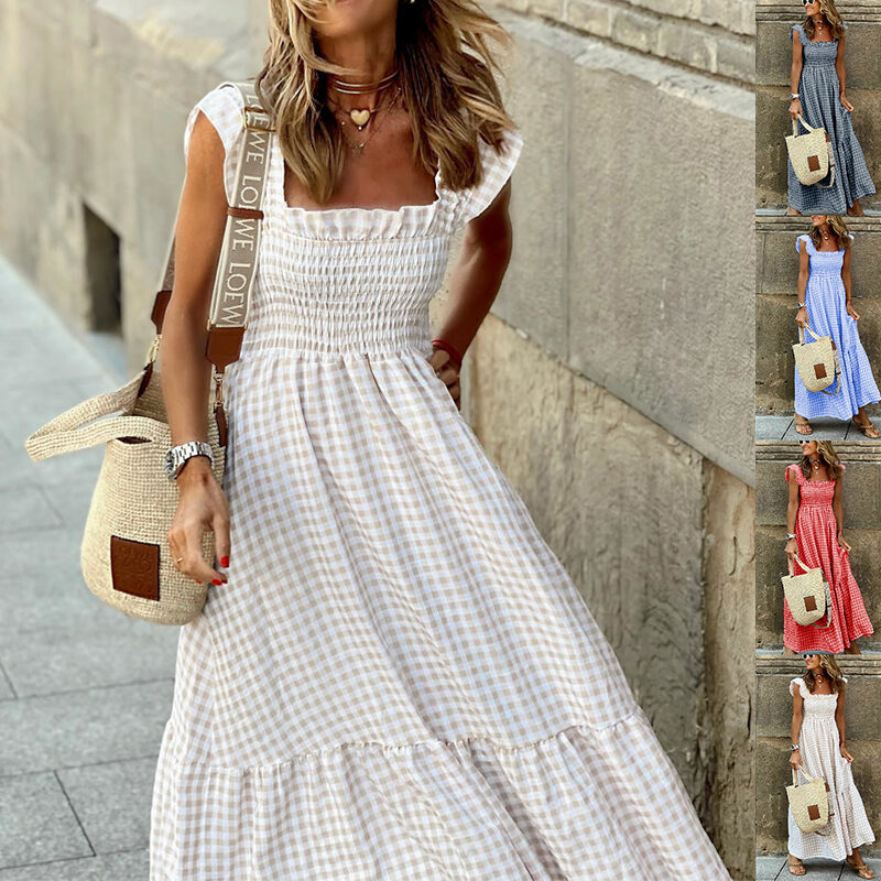 Summer Plaid Print Pleated Ruffle Dress INS Fashion