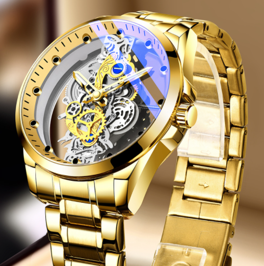 Men Watch Skeleton Automatic Quartz Gold Vintage Man