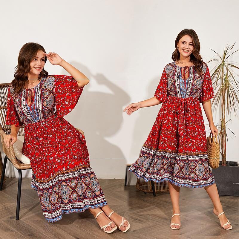 Fat Women Dresses Summer V Neck Print Beach