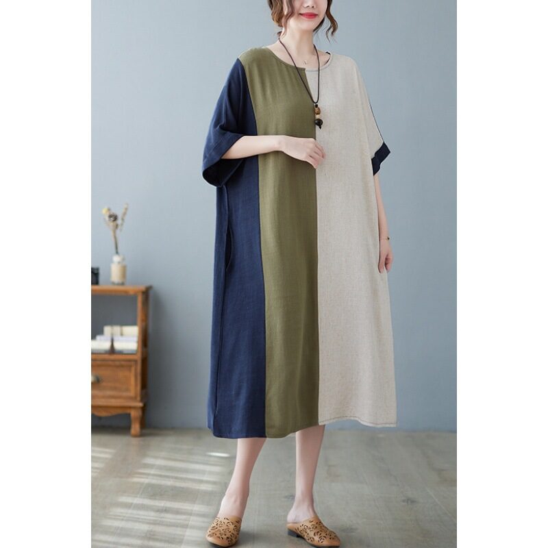 Cotton And Linen Loose Half Sleeve Contrast Paneled