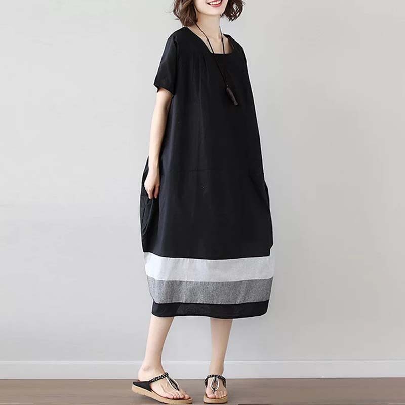 Cotton And Linen Short Sleeve Dress Large Size