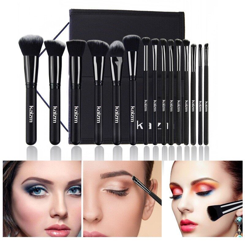15 Makeup Brushes Set Black Cosmetic Brush Full