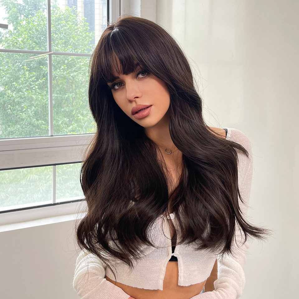 Long Brown Wigs With Bangs Wave Synthetic