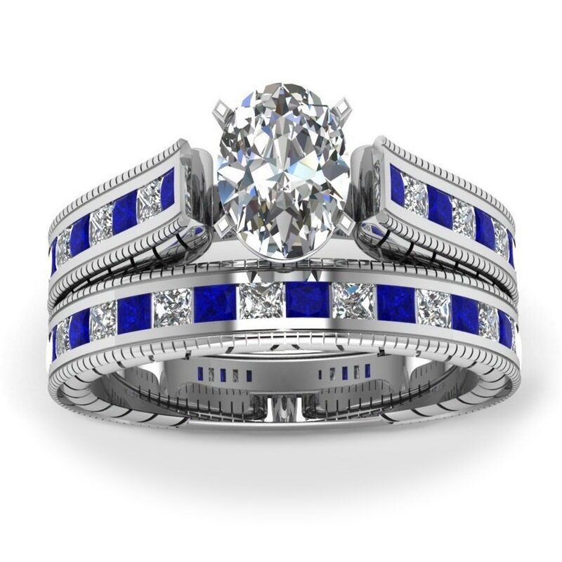 Ladies White And Blue Diamond Rings Couple Set