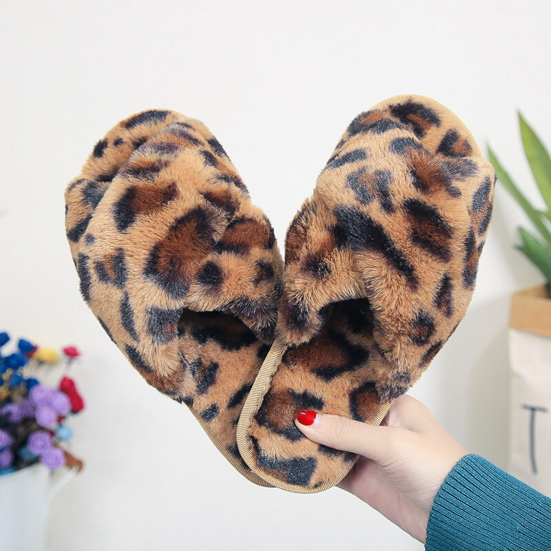 Cross-strap Fuzzy Slippers Leopard Plush House Shoes Flat