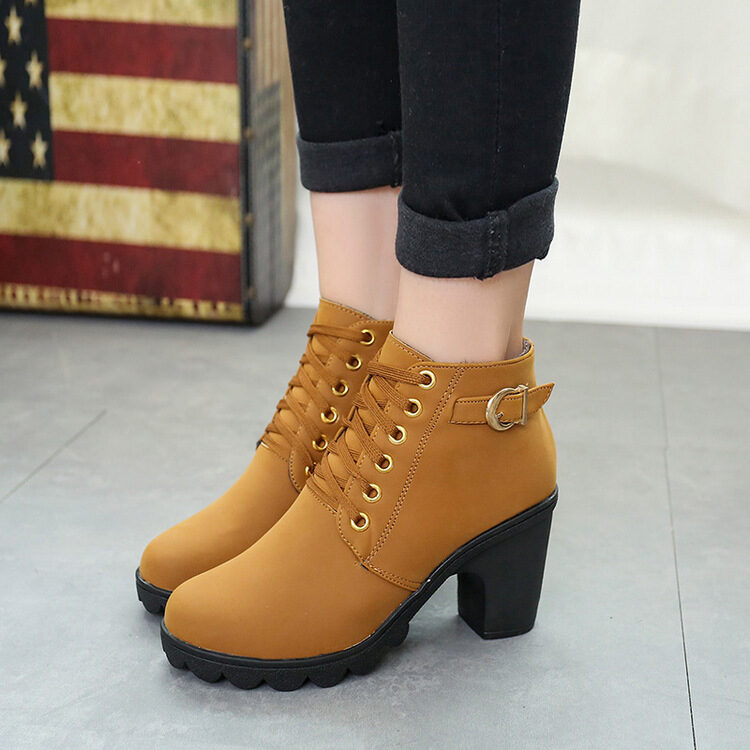 Chunky Block Heel Boots Buckle Ankle Women Shoes