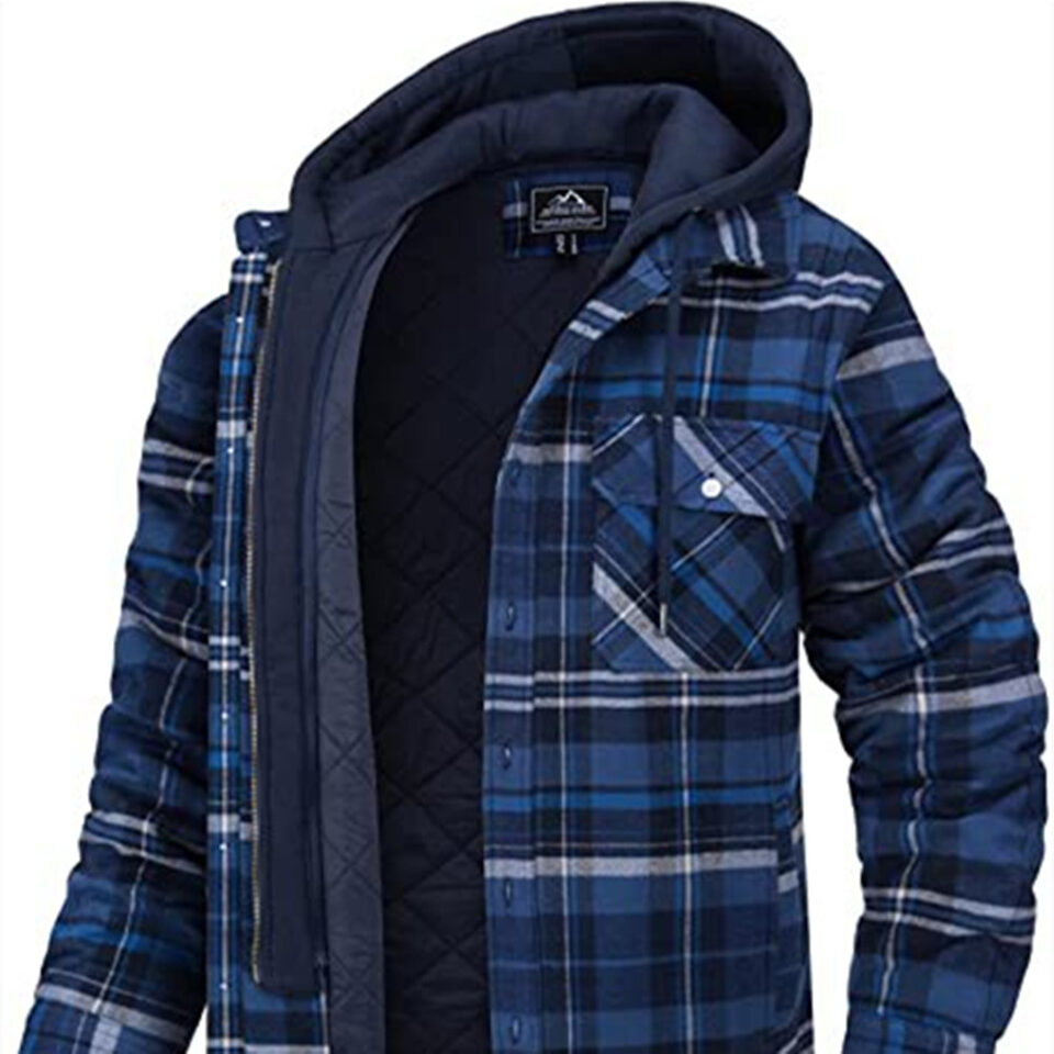 Men's Plaid Hooded Coat Winter Warm Button Zip-up