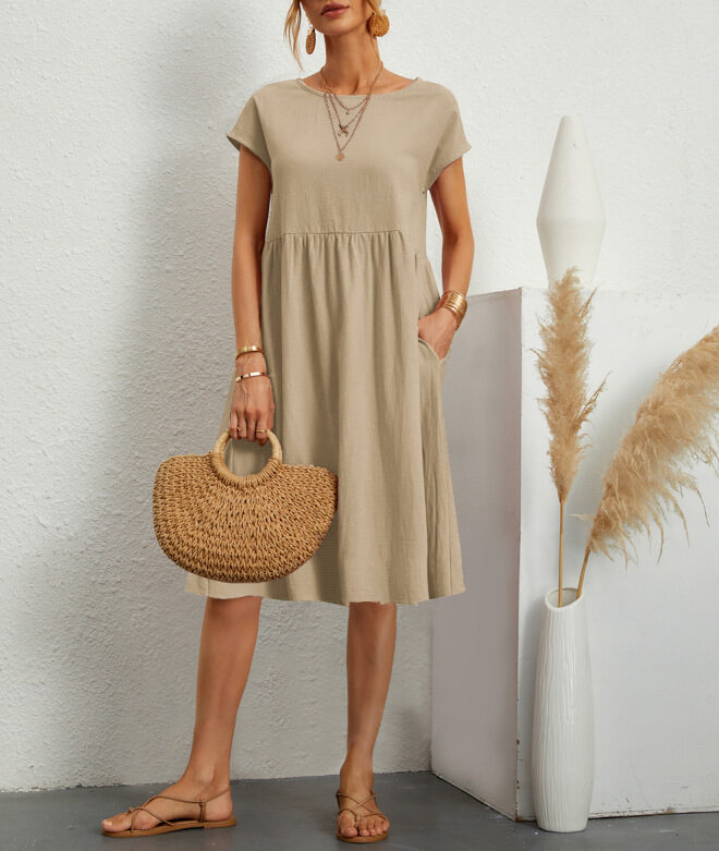 Summer Short-sleeved Dress With Pockets Fashion Solid Round