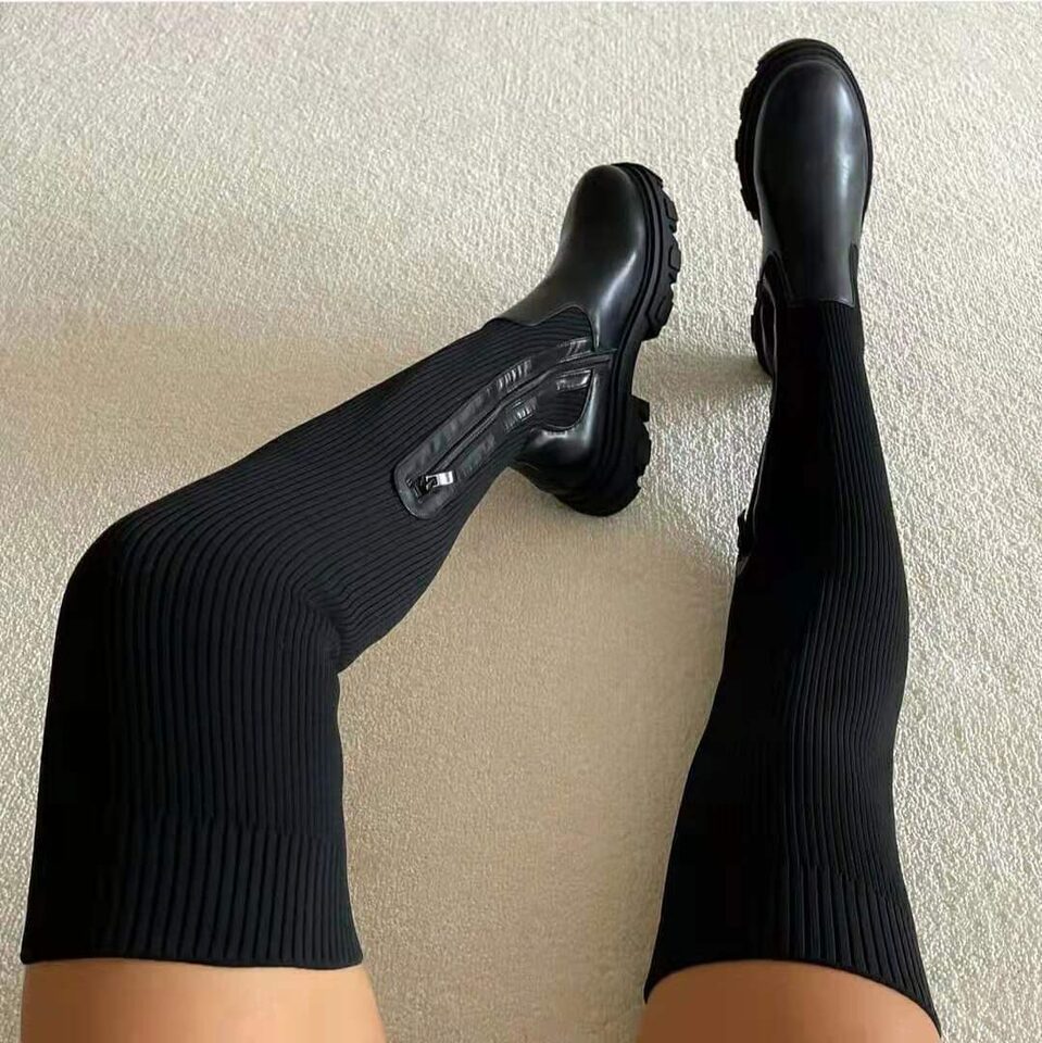 Over-Knee Black Boots Side Zipper Fashion Platform Sock