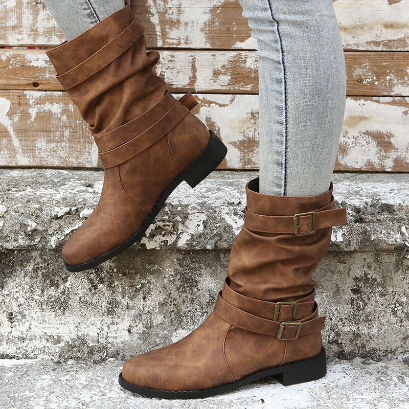 Low Heel Vintage Adjustable Buckle Boots Women Combat