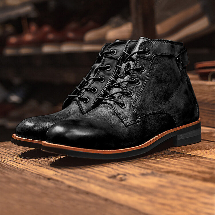 Retro Boots Men Lace-up Leather Ankle Low Heel